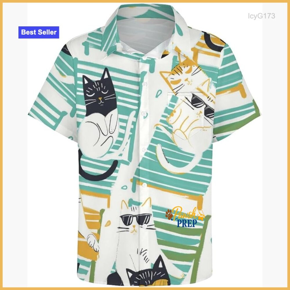 Men's Cat Print Hawaiian Shirt Short Sleeve Button Down Summer Beach